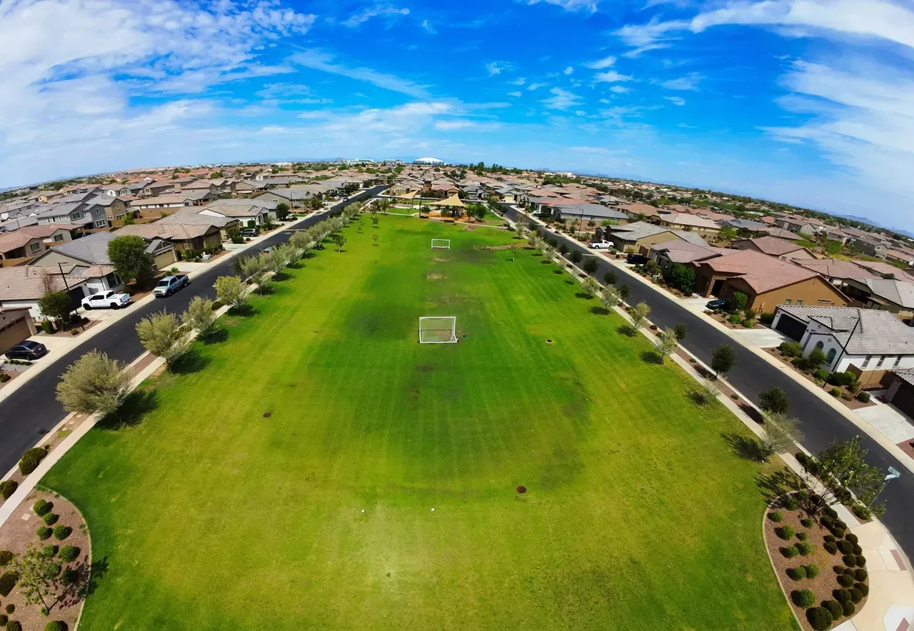 Aerial view of the central park and soccer field in Western Enclave