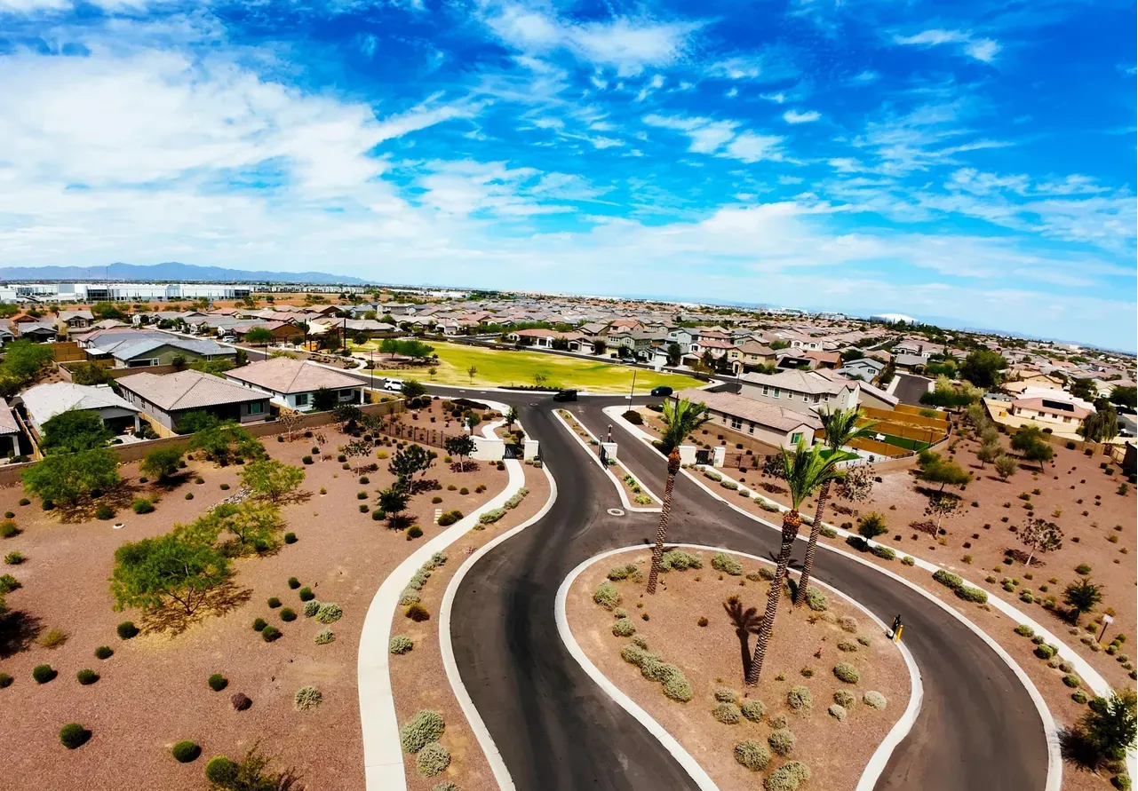 Aerial view of the palm-lined entry drive into Western Enclave